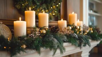 Lit Candles Decorated with Pine Branches and Ornaments on a Fireplace Mantle photo