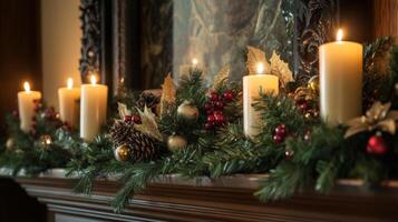 Lit Candles and Festive Decorations on a Mantelpiece photo