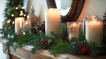 Lit Candles Decorated with Pine Boughs and Berries on a Mantel photo