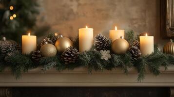 Festive Candle Arrangement with Evergreen Garland and Gold Ornaments photo