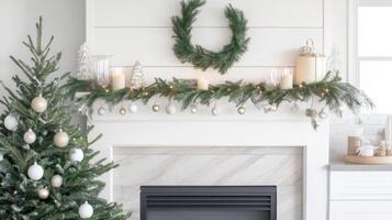 Festive Fireplace Decor with Christmas Tree and Garland photo