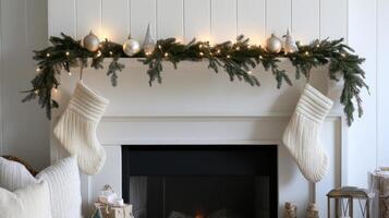 White Christmas Stocking Decorated Fireplace Mantle photo