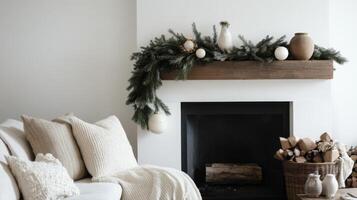 Minimalist Christmas Decor with Fireplace and Cozy Sofa photo