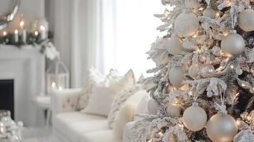 Close-up of a Silver and White Christmas Tree with Ornaments and Lights photo