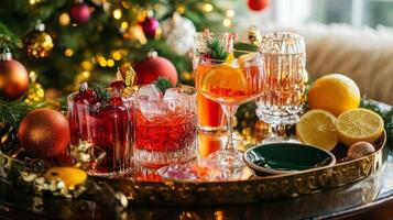 Festive Cocktails and Citrus Fruits on a Gold Tray with Christmas Tree in the Background photo