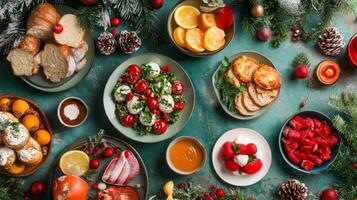 Festive Christmas Table Setting with Appetizers and Decorations photo