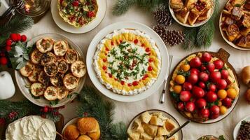Festive Holiday Table Setting with Various Appetizers and Desserts photo