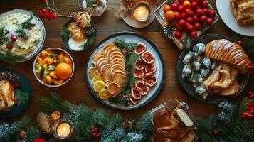 Christmas Table Setting with Festive Foods and Decorations photo