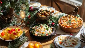 Festive Table Setting with Appetizers and Christmas Decorations photo