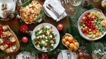Festive Christmas Table Setting with Assorted Dishes and Decorations photo