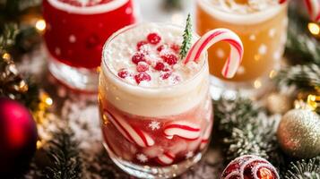 Festive Christmas Cocktail with Candy Cane Garnish and Cranberries photo