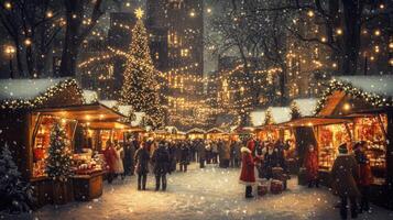 Festive Christmas Market Scene with Snowfall and Illuminated Stalls photo