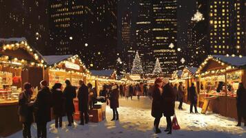 A Festive Christmas Market in a City Center with Snow-Covered Booths and Bright Lights photo