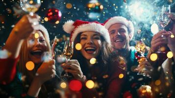 Festive Group of Friends Toasting with Champagne and Confetti photo