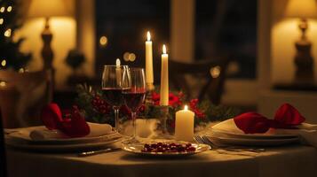 Romantic Candlelit Dinner Table Setting with Wine Glasses and Red Accents photo