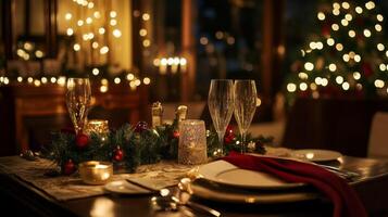 Festive Table Setting with Champagne Flutes and Christmas Ornaments photo
