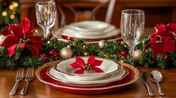 Festive Christmas Dinner Table Setting with Poinsettia and Gold Accents photo