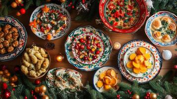 Festive Christmas Table Setting with Delicious Dishes and Ornaments photo