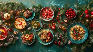 Christmas Dinner Table Setting with Festive Decorations and Food photo
