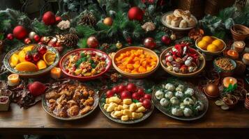 Festive Christmas Table Spread with Various Dishes and Decorations photo