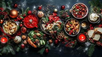 Christmas Feast with Festive Decorations and Appetizers photo