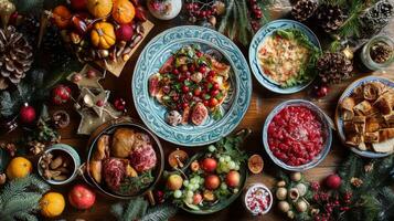 Festive Christmas Table Setting with Various Dishes and Decorations photo