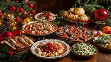 Festive Christmas Table Setting with Multiple Dishes and Decor photo