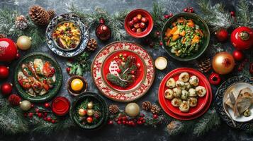 Festive Christmas Dinner Table Setting with Traditional Dishes and Decorations photo