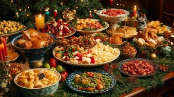 Festive Christmas Dinner Table with Numerous Dishes and Decorations photo