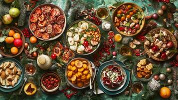 Festive Table Setting with Various Dishes, Drinks, and Christmas Decorations photo