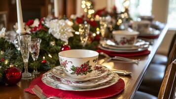 Christmas Dinner Table Setting with Red Holly Patterned Dishes photo