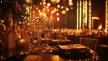 Festive Table Setting with Wine Glasses and Christmas Decorations photo