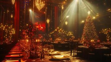 Festive Dinner Setting with Christmas Tree and Chandeliers photo