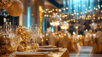 Closeup of Gold Decorated Table Setting with Blurry Background of a Festive Event photo
