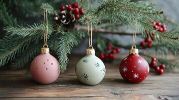 Three Hand-Painted Christmas Ornaments on a Rustic Wooden Surface photo