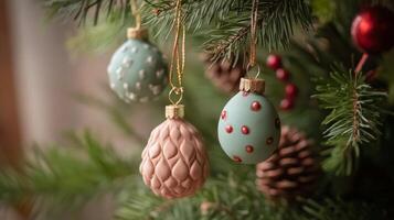 Pastel Christmas Ornaments Hanging on a Pine Tree Branch photo