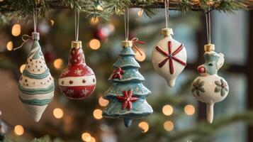 Five Unique Ceramic Christmas Ornaments Hanging From a Tree Branch photo