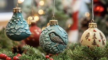 Christmas Ornaments with Bird and Pine Tree Designs Hanging on a Christmas Tree photo