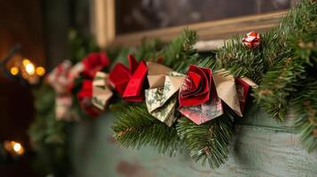 Red and White Paper Ornaments on a Christmas Garland photo