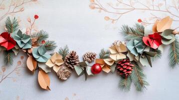 Paper Christmas Garland with Pine Branches and Pinecones photo