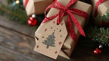 A Christmas Present Tied with a Red Ribbon and a Gift Tag Featuring a Hand-Drawn Christmas Tree photo