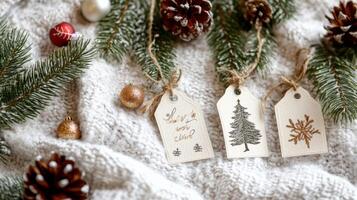 Christmas Ornaments and Tags on a White Knit Blanket photo