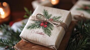 A Christmas Gift Wrapped in White Paper with a Pine Branch and Red Berries Design photo
