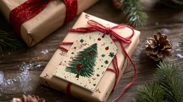 A Christmas gift wrapped in brown paper with a hand-drawn tree tag and red twine photo