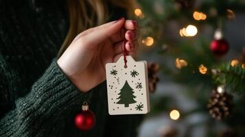 A hand holding a wooden Christmas ornament with a tree design photo