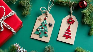 Christmas Gift Tags with Tree Decorations on a Green Background photo