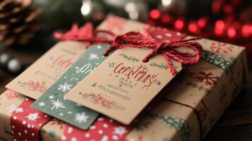 A Close-Up of a Christmas Gift with Hand-Painted Tags and Red Twine photo