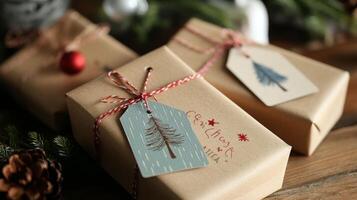 Wrapped Christmas Presents with Rustic Tags and Pine Needles photo
