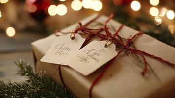 A Close-Up of a Christmas Gift Wrapped in Brown Paper with Red Twine and Personalized Tags photo