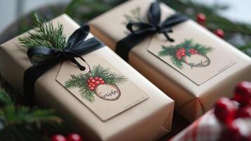 Two Christmas Presents with Hand-Drawn Tags and a Pine Branch photo